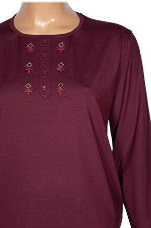 Cimariva Kadın Neşe Büyük Beden O Yaka Robası Nakışlı Bordo Bluz