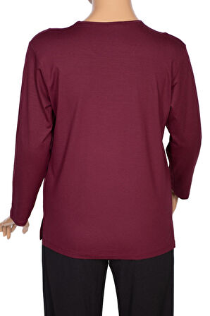 Cimariva Kadın Neşe Büyük Beden O Yaka Robası Nakışlı Bordo Bluz