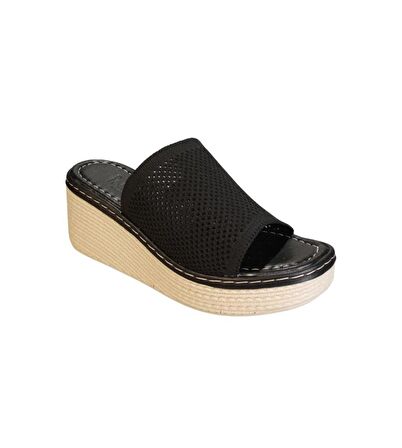 YAZKIŞ Kadın Siyah Vizon (nut) Üzeri Örgü 6cm Dolgu 3Cm Platform Topuk Terlik