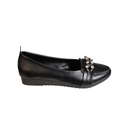 YAZKIŞ Kadın Siyah Beyaz Cilt Üzeri Taşlı Rahat Taban  Babet