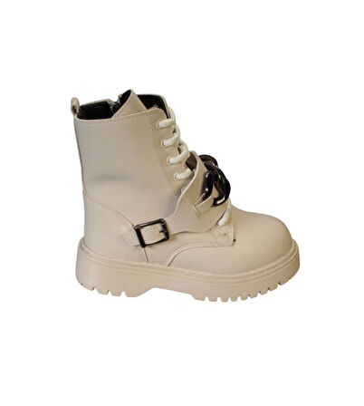 YAZKIŞ Kız Çocuk Siyah Krem Kalın Taban Fermuarlı Bağcıklı Soğuya Kışa Dayanıklı Uzun Postal Bot