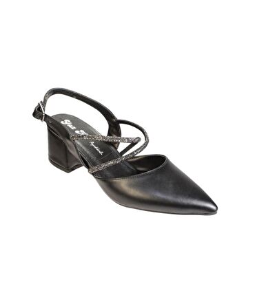 YAZKIŞ Kadın Siyah Beyaz Cilt Üzeri Taşlı Çapraz bantlı Arkası Açık 5cm Kalın Topuk Ayakkabı