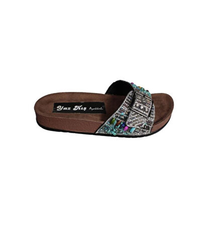 YAZKIŞ Kadın Siyah Platin Tek Tokalı Taşlı Mantar Taban Terlik