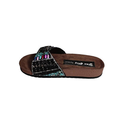 YAZKIŞ Kadın Siyah Platin Tek Tokalı Taşlı Mantar Taban Terlik