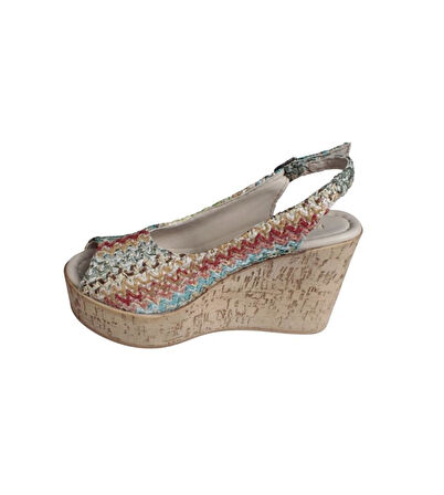 YAZKIŞ Kadın Vizon Krem Üzeri Renkli 10cm Platform 3cm Mantar Taban Sandalet