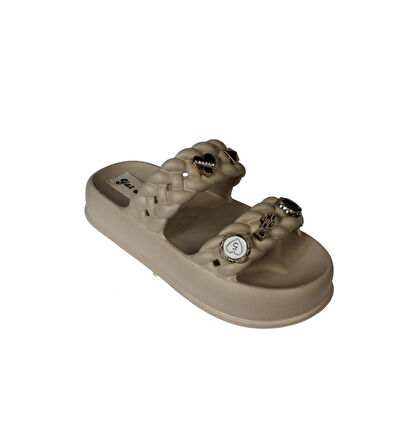 YAZKIŞ Kadın Siyah Krem Yeşil Gri Çift Bantlı Üzeri Taşlı Kauçuk Deniz Plaj Havuz Terlik