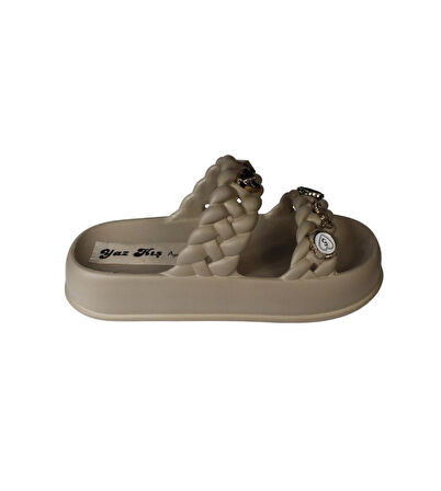 YAZKIŞ Kadın Siyah Krem Yeşil Gri Çift Bantlı Üzeri Taşlı Kauçuk Deniz Plaj Havuz Terlik