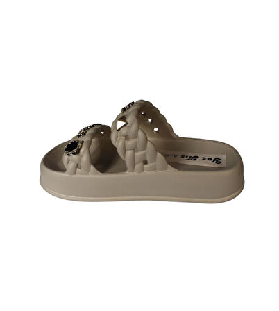 YAZKIŞ Kadın Siyah Krem Yeşil Gri Çift Bantlı Üzeri Taşlı Kauçuk Deniz Plaj Havuz Terlik