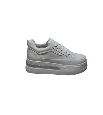 YAZKIŞ Kadın Siyah Beyaz Cilt 5cm Kalın Taban Bağcıklı Tabanı Taşlı Sneaker Spor Ayakkabı