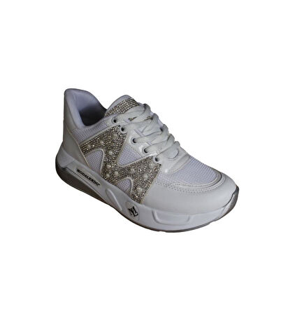 YAZKIŞ Kadın Siyah Beyaz Fileli Yanları ve Dili Taşlı Kalın Taban Fashıon Günlük Spor Ayakkabı