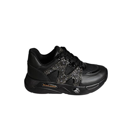 YAZKIŞ Kadın Siyah Beyaz Fileli Yanları ve Dili Taşlı Kalın Taban Fashıon Günlük Spor Ayakkabı