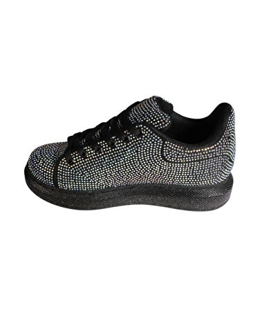 YAZKIŞ Kadın Siyah Cilt Her Yanı Taşlı Tabanı simli Fashıon Günlük Spor Ayakkabı