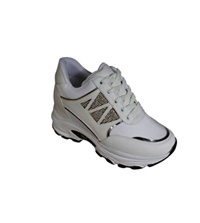 YAZKIŞ Kadın Siyah Beyaz Yanı Taşlı İçten 8Cm Topuklı Fashıon Spor Ayakkabı