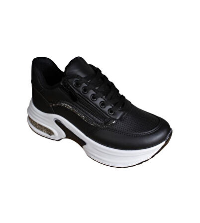 YAZKIŞ Kadın Siyah Beyaz cilt Tabanı Taşlı Yandan Fermuarlı Bağcıklı Fashıon Günlük Spor Ayakkabı