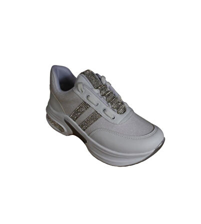 YAZKIŞ Kadın Siyah Beyaz Bej Simli Taşlı 5cm Kalın Taban Fashıon Günlük Spor Ayakkabı