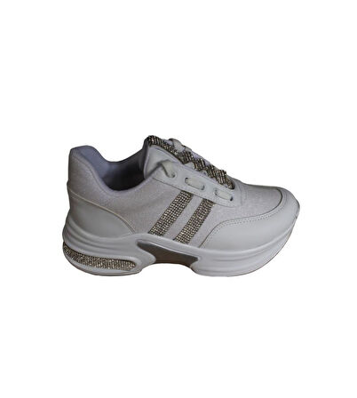 YAZKIŞ Kadın Siyah Beyaz Bej Simli Taşlı 5cm Kalın Taban Fashıon Günlük Spor Ayakkabı