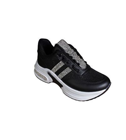 YAZKIŞ Kadın Siyah Beyaz Bej Simli Taşlı 5cm Kalın Taban Fashıon Günlük Spor Ayakkabı