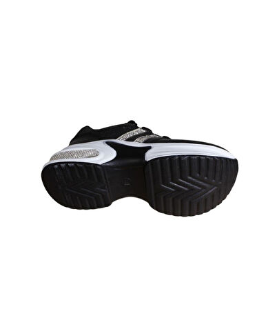 YAZKIŞ Kadın Siyah Beyaz Bej Simli Taşlı 5cm Kalın Taban Fashıon Günlük Spor Ayakkabı