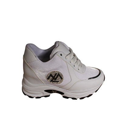 YAZKIŞ Kadın Siyah Beyaz Parlak Kumaş Taşlı 8cm İçten Gizli Topuk Fashıon Günlük Spor Ayakkabı