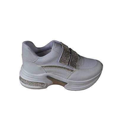 YAZKIŞ Kadın Siyah Beyaz Fileli Çırtlı Çırtı Ve Tabanı Taşlı 5cm kalın Taban Sneaker Fashıon Spor Ay