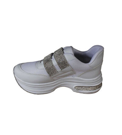 YAZKIŞ Kadın Siyah Beyaz Fileli Çırtlı Çırtı Ve Tabanı Taşlı 5cm kalın Taban Sneaker Fashıon Spor Ay