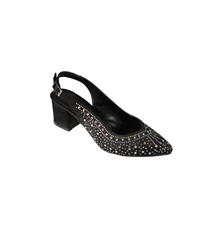 YAZKIŞ Kadın Siyah Gümüş Saten Işın Taşlı 5cm Kalın Topuk Önü Kapalı Arkası Açık Abiye Ayakkabı