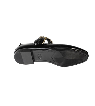 YAZKIŞ Siyah Ten Rugan  Küt Burun Taşlı Atkılı Babet