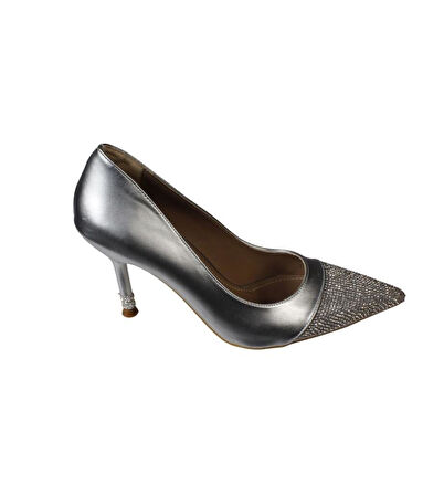 YAZKIŞ Kadın Siyah Gümüş Cilt Önü ve Topuğu Taşlı 9cm İnce Topuk Stiletto Ayakkabı