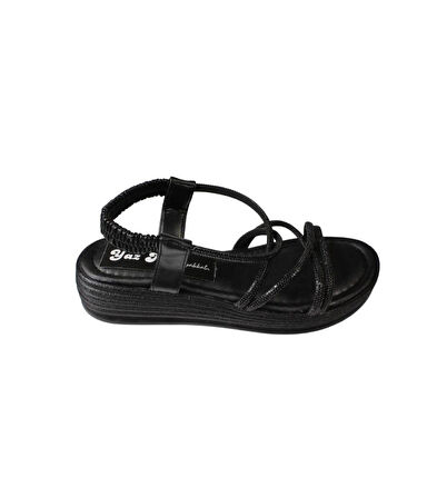 YAZKIŞ Kadın Siyah  Beyaz Cilt Çift Bantlı Üzeri Çapraz Taşlı 4cm Arkası Lastikli Kalın Taban Sandal