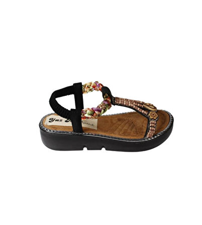 YAZKIŞ Kadın Siyah Ten Taşlı Lastikli Rahat Taban Sandalet Topuk Boyu 4cm