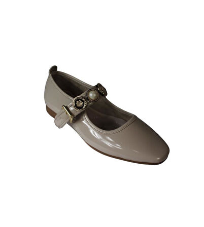 YAZKIŞ Siyah Ten Rugan  Küt Burun Taşlı Atkılı Babet