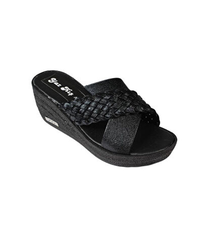 YAZKIŞ Kadın Siyah Çapraz Bantlı Örgü 7cm Dolgu Topuk Terlik