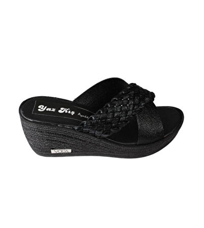 YAZKIŞ Kadın Siyah Çapraz Bantlı Örgü 7cm Dolgu Topuk Terlik