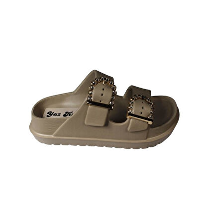 YAZKIŞ Kadın Beyaz Siyah Bej Taşlı Tokalı Çift Bantlı Pvc Deniz Havuz Plaj Bahçe GündelikTerlik