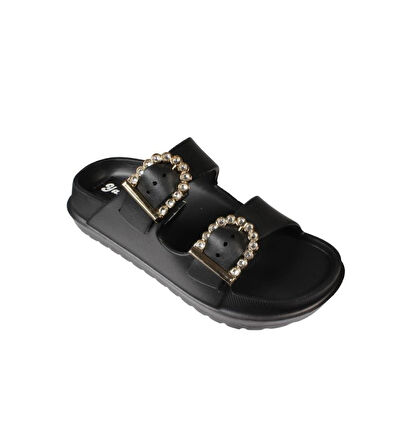 YAZKIŞ Kadın Beyaz Siyah Bej Taşlı Tokalı Çift Bantlı Pvc Deniz Havuz Plaj Bahçe GündelikTerlik