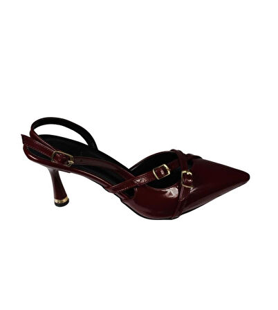YAZKIŞ Kadın Siyah Ten Bordo Rugan Üstü Kemer Geçkili Sivri Burun 8cm İnce Topuk Stiletto Ayakkabı
