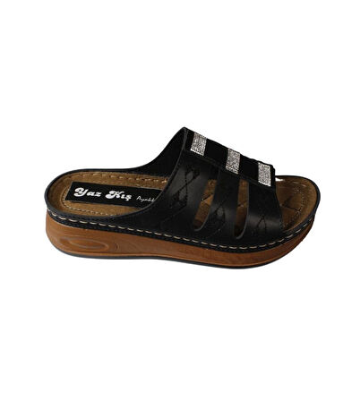 YAZKIŞ Kadın Siyah Krem Cilt Üzeri Taşlı Kalın Taban Comfort Taban terlik