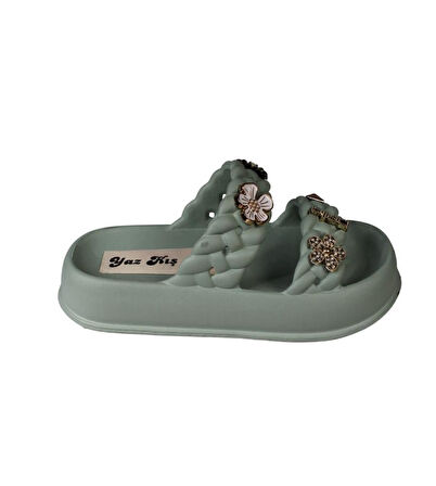 YAZKIŞ Kadın Siyah Krem Yeşil Gri Çift Bantlı Üzeri Taşlı Kauçuk Deniz Plaj Havuz Terlik