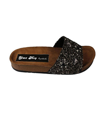 YAZKIŞ Kadın Siyah  PLATİN Üzeri Deniz Kabuğu Taşlı Simli Düz Taban Terlik