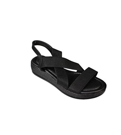 YAZKIŞ Kadın Siyah Ten Çapraz Lastik Bantlı 4cm Rahat Taban Sandalet