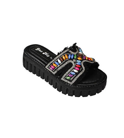 YAZKIŞ Kadın Siyah Ten Üzeri Püsküllü Renkli Boncuklu 5cm Rahat Taban Terlik