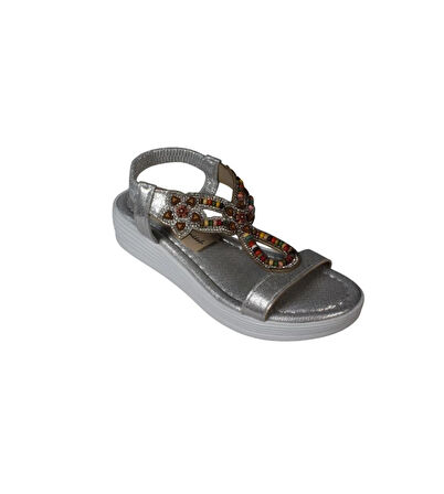 YAZKIŞ Kadın Siyah Gümüş Tek Bantlı Üzeri Boncuklu Arkası Lastikli 4cm Rahat Taban Sandalet