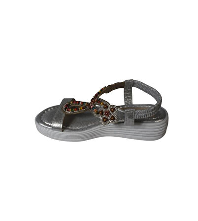 YAZKIŞ Kadın Siyah Gümüş Tek Bantlı Üzeri Boncuklu Arkası Lastikli 4cm Rahat Taban Sandalet