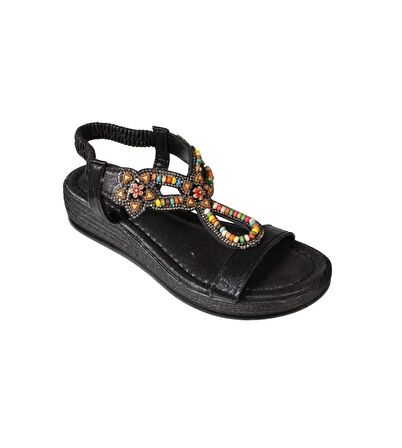 YAZKIŞ Kadın Siyah Gümüş Tek Bantlı Üzeri Boncuklu Arkası Lastikli 4cm Rahat Taban Sandalet