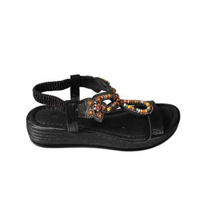 YAZKIŞ Kadın Siyah Gümüş Tek Bantlı Üzeri Boncuklu Arkası Lastikli 4cm Rahat Taban Sandalet