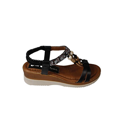 YAZKIŞ Kadın Siyah Ten Üzeri Çapraz Bantlı Taşlı Bileği Lastikli 5cm Dolgu Rahat Taban Sandalet