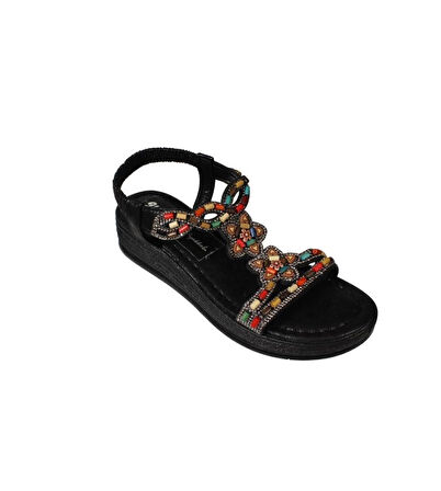 YAZKIŞ Kadın Siyah Ten Üzeri Taşlı Bileği Lastikli 4cm  Rahat Taban Sandalet
