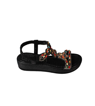 YAZKIŞ Kadın Siyah Ten Üzeri Taşlı Bileği Lastikli 4cm  Rahat Taban Sandalet