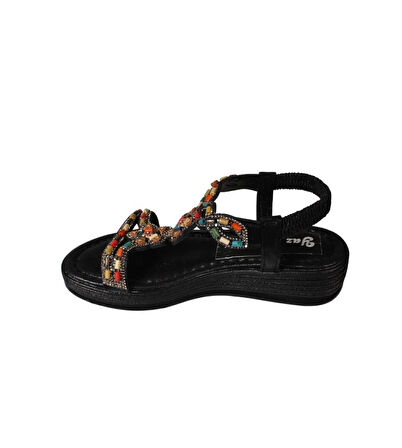 YAZKIŞ Kadın Siyah Ten Üzeri Taşlı Bileği Lastikli 4cm  Rahat Taban Sandalet