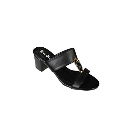 YAZKIŞ Kadın Siyah Beyaz Cilt antlı Üzeri Altın kemer Tokalı 5cm kalın taban terlik